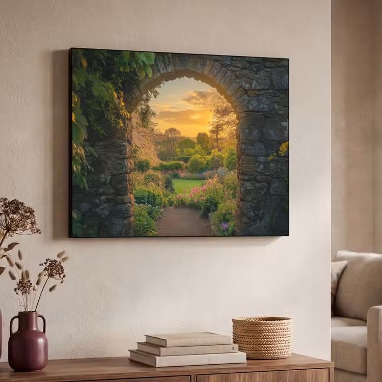 Poort - Planten - Zonsondergang Textielframe zwart klein -sfeer3
