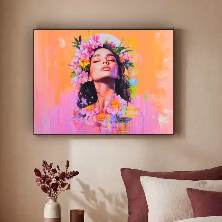 Portret - Bloemenkroon - Vrouw Textielframe zwart klein -sfeer1