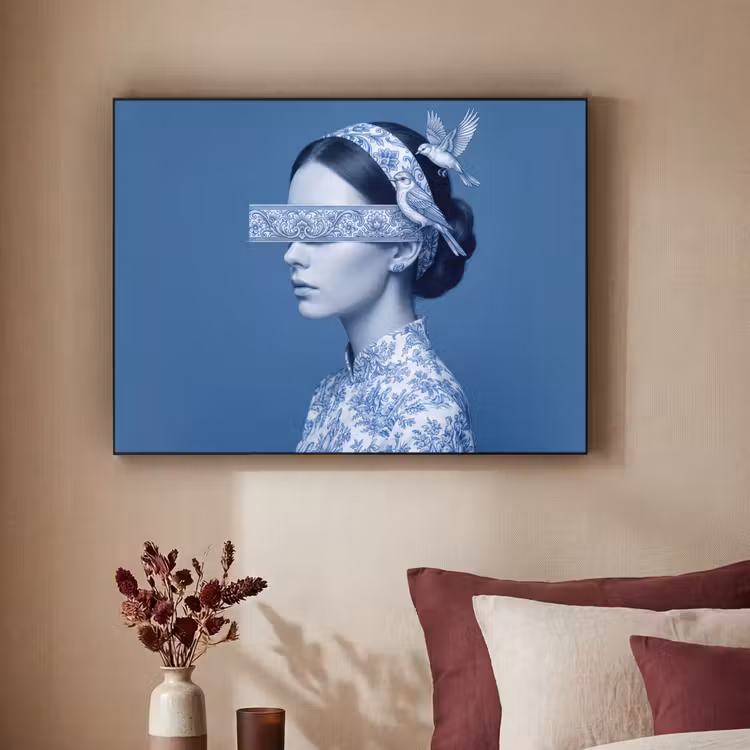 Portret - Klassiek - Wit - Blauw Textielframe zwart klein -sfeer1
