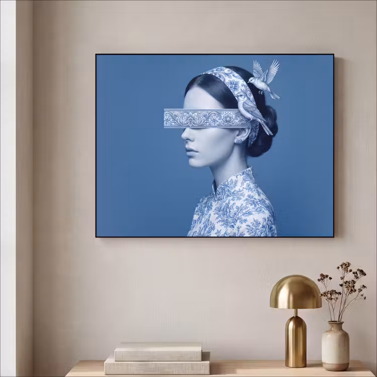 Portret - Klassiek - Wit - Blauw Textielframe zwart klein -sfeer2
