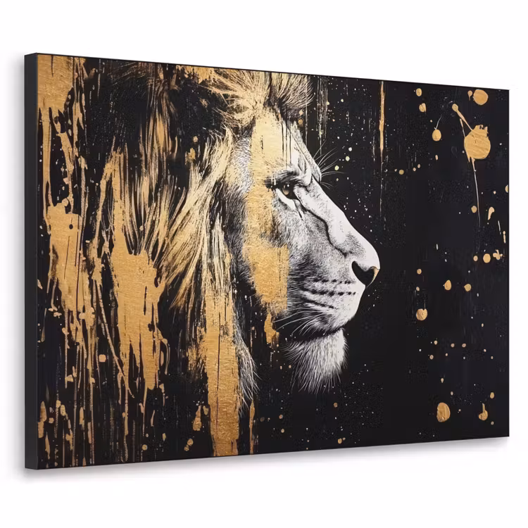 Portret - Leeuw - Abstract - Goud Textielframe - compleet frame klein -3d