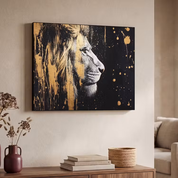Portret - Leeuw - Abstract - Goud Textielframe - compleet frame klein -sfeer3