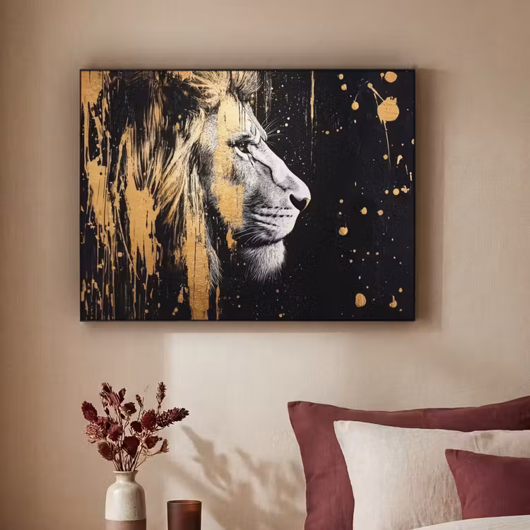 Portret - Leeuw - Abstract - Goud Textielframe zwart klein -sfeer1