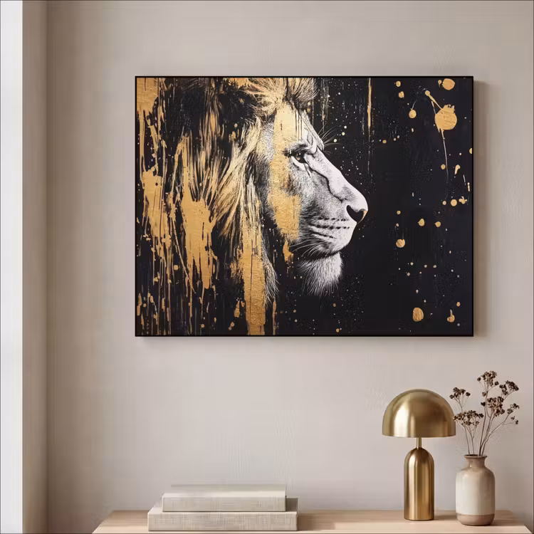 Portret - Leeuw - Abstract - Goud Textielframe - compleet frame klein -sfeer2