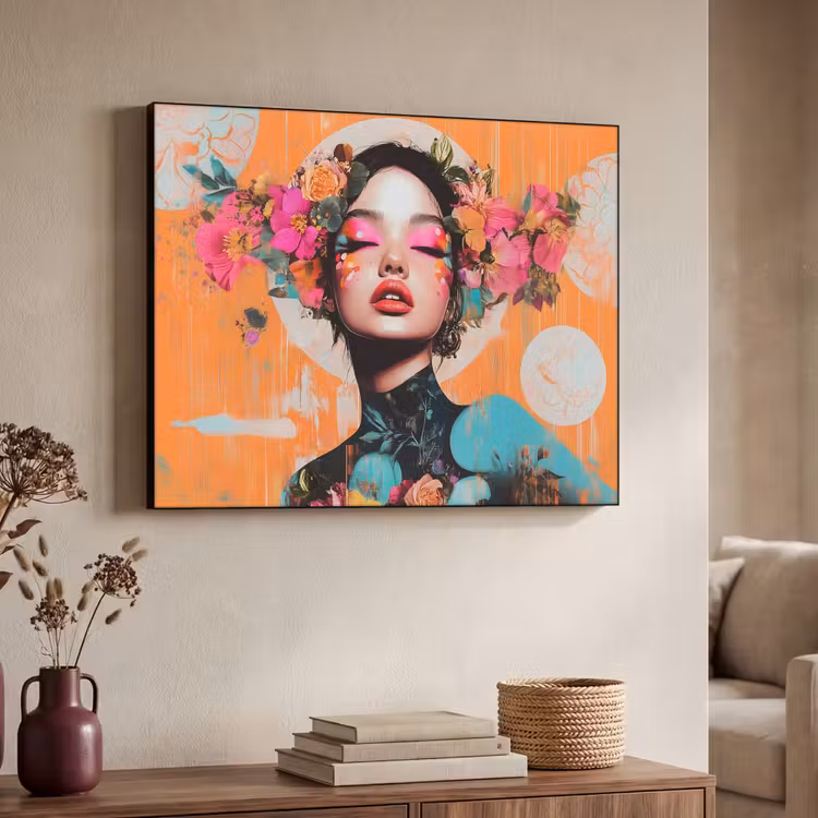 Portret - Vrouw - Abstract - Bloemen Textielframe zwart klein -sfeer3