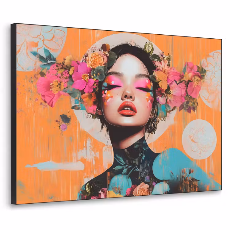 Portret - Vrouw - Abstract - Bloemen Textielframe zwart klein -3d