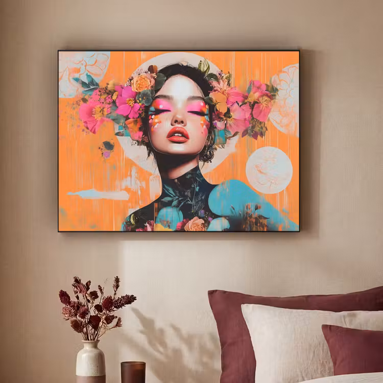 Portret - Vrouw - Abstract - Bloemen Textielframe - compleet frame klein -sfeer1
