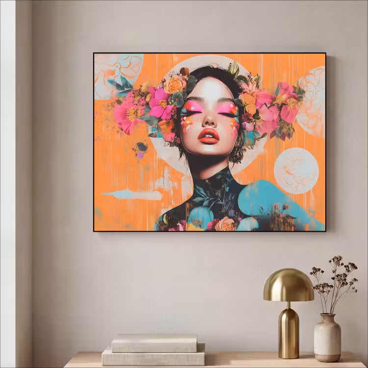 Portret - Vrouw - Abstract - Bloemen Textielframe - compleet frame klein -sfeer2
