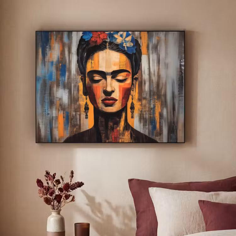 Portret - Vrouw - Bloemen Textielframe zwart klein -sfeer1