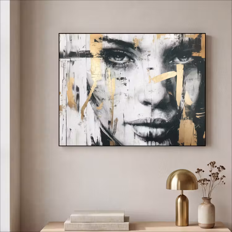 Portret - Vrouw - Penseelstreken - Goud Textielframe - compleet frame klein -sfeer2