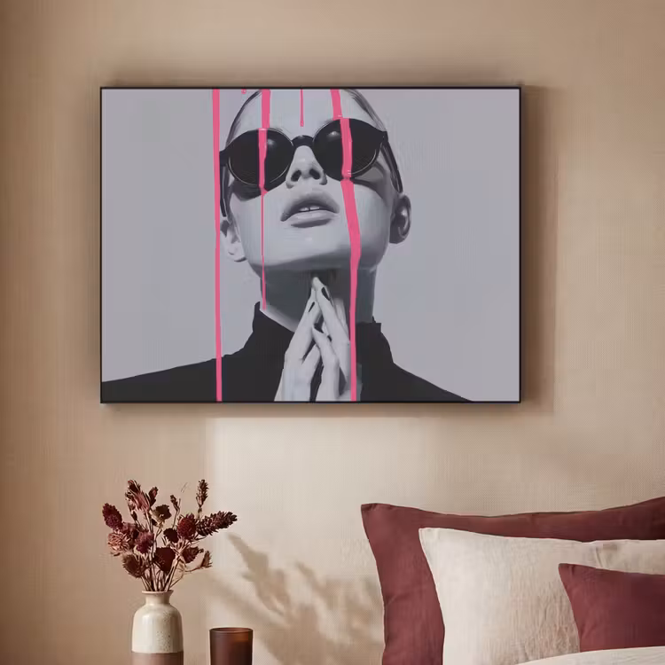 Portret - Vrouw - Zonnebril - Verfdruppels Textielframe zwart klein -sfeer1
