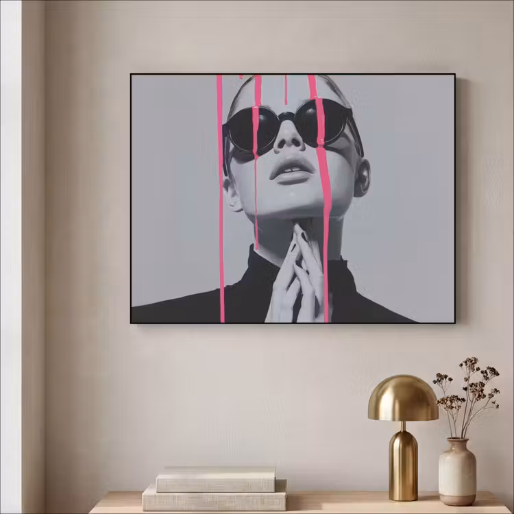 Portret - Vrouw - Zonnebril - Verfdruppels Textielframe zwart klein -sfeer2