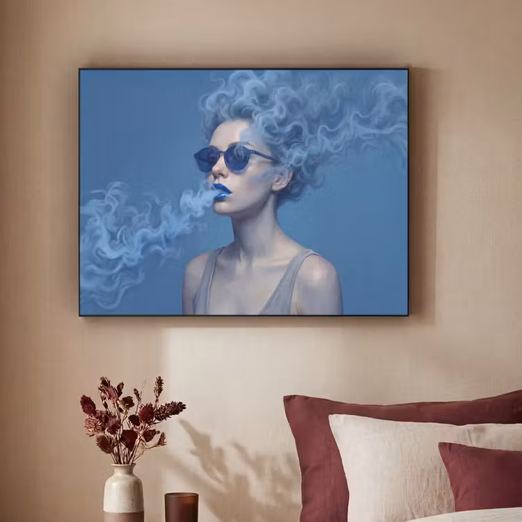 Portret - Zonnebril - Rook - Abstract - Blauw Textielframe zwart klein -sfeer1