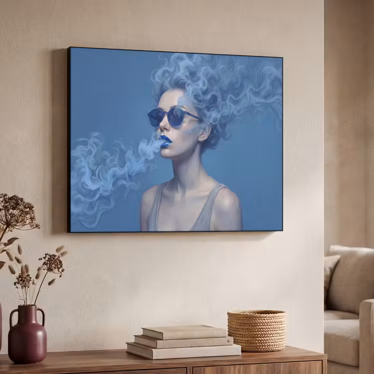 Portret - Zonnebril - Rook - Abstract - Blauw Textielframe zwart klein -sfeer3
