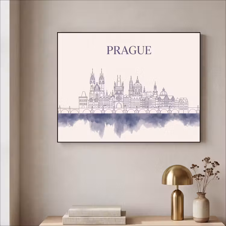Praag - Skyline - Architectuur - Blauw Textielframe zwart klein -sfeer2