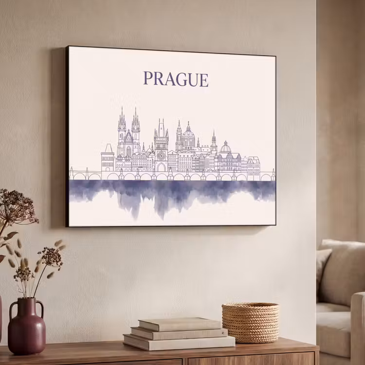 Praag - Skyline - Architectuur - Blauw Textielframe zwart klein -sfeer3