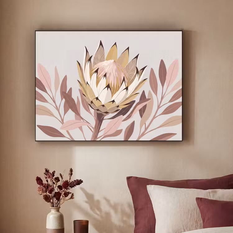 Protea - Bloem - Botanisch - Beige Textielframe zwart klein -sfeer1