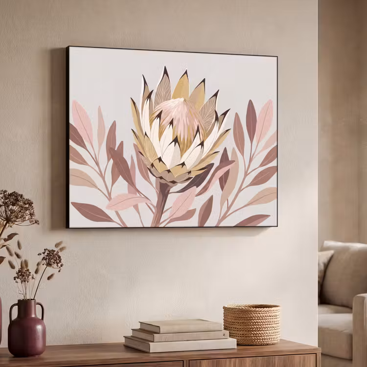 Protea - Bloem - Botanisch - Beige Textielframe zwart klein -sfeer3