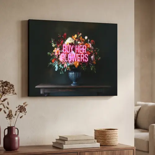 Quote - Bloemen - Vaas - Neon Textielframe - compleet frame klein -sfeer3