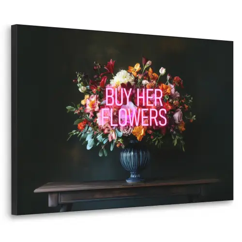 Quote - Bloemen - Vaas - Neon Textielframe zwart klein -3d