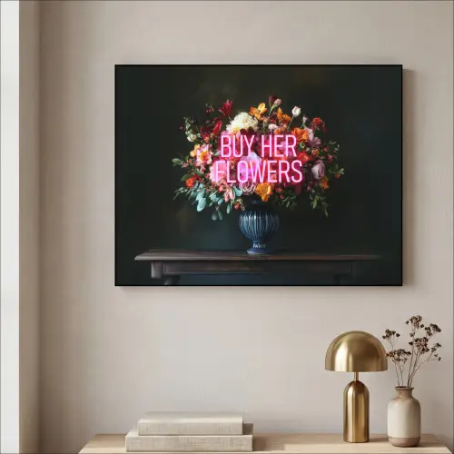 Quote - Bloemen - Vaas - Neon Textielframe - compleet frame klein -sfeer2