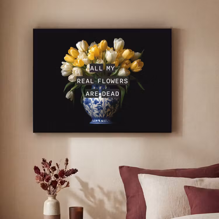 Quotes - Bloem - Tulp - Geel Textielframe zwart klein -sfeer1