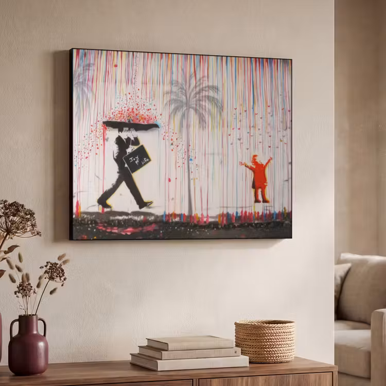 Regen - Graffiti - Man - Banksy Style Textielframe zwart klein -sfeer3