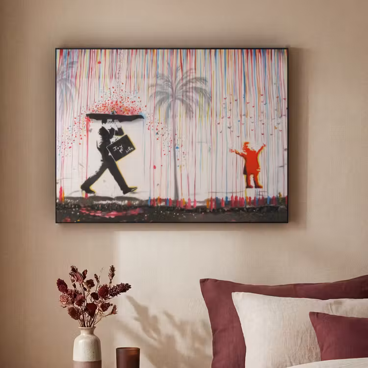 Regen - Graffiti - Man - Banksy Style Textielframe - compleet frame klein -sfeer1