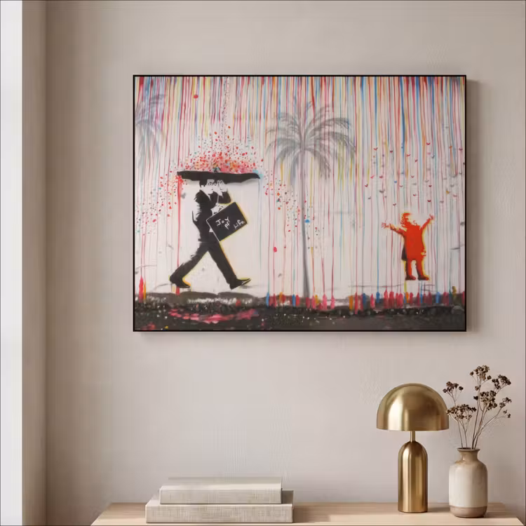 Regen - Graffiti - Man - Banksy Style Textielframe - compleet frame klein -sfeer2