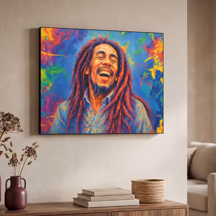 Regenboogkleuren - Man - schilderij Textielframe zwart klein -sfeer3