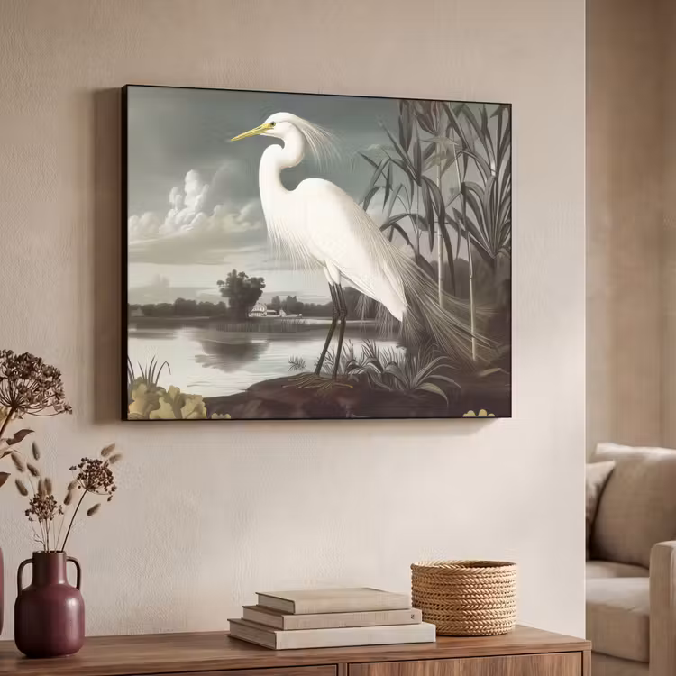 Reiger - Planten - Wolken - Wit Textielframe zwart klein -sfeer3