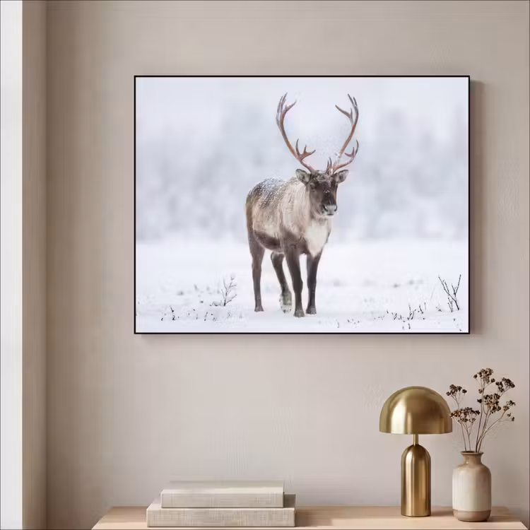 Rendier - Gewei - Toendra - Sneeuw - Wild Textielframe zwart klein -sfeer2