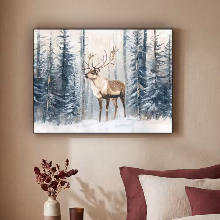 Rendier - Sneeuw - Woud - Wit Textielframe - compleet frame klein -sfeer1