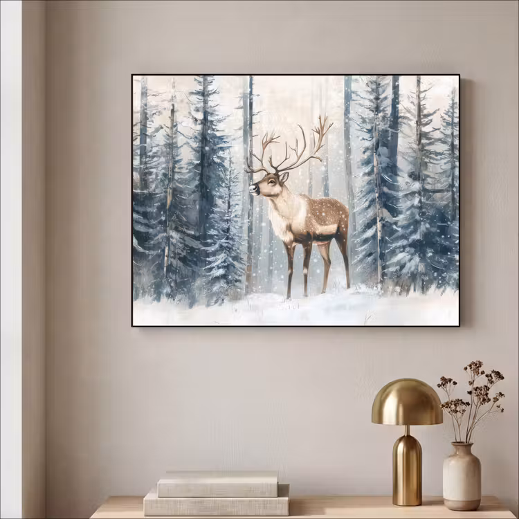 Rendier - Sneeuw - Woud - Wit Textielframe zwart klein -sfeer2
