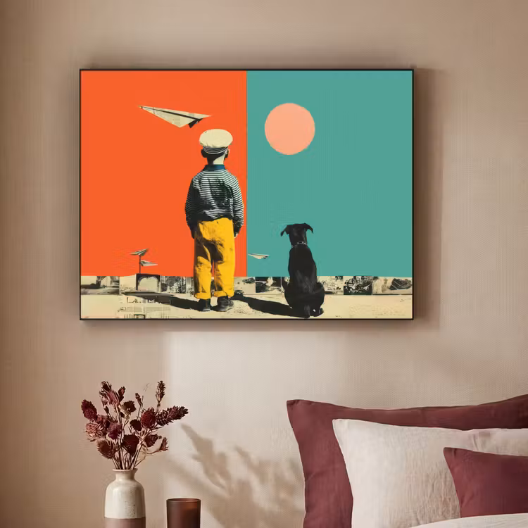 Retro - Jongen - Hond - Rood - Groen Textielframe - compleet frame klein -sfeer1