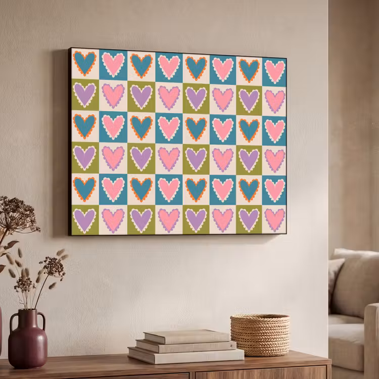 Retro - Kleuren - Patroon - Hartjes Textielframe zwart klein 947 -sfeer3