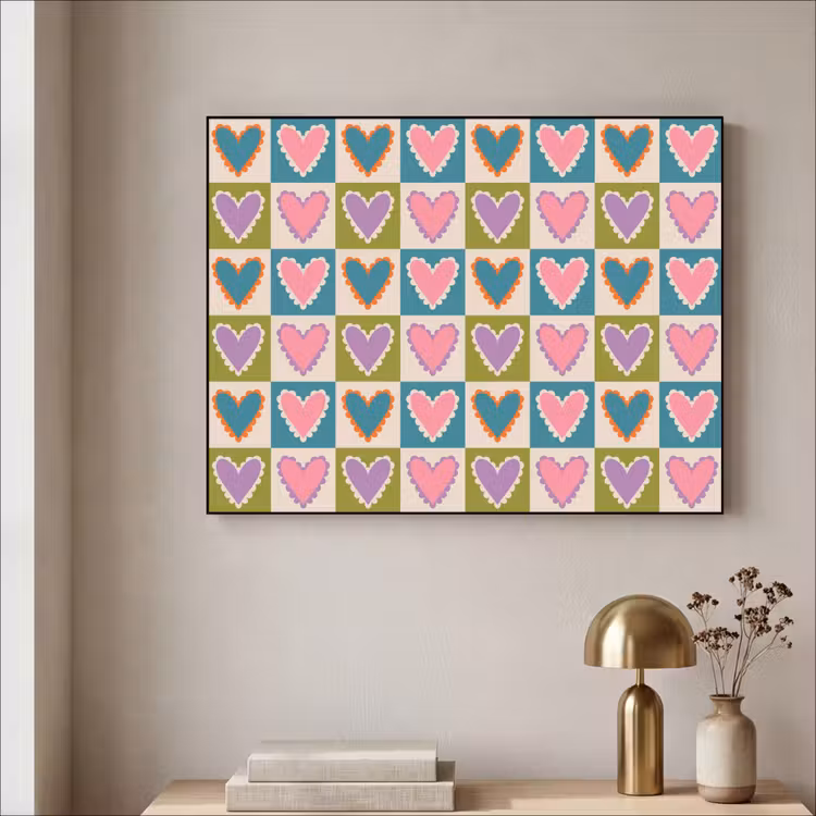 Retro - Kleuren - Patroon - Hartjes Textielframe zwart klein 947 -sfeer2