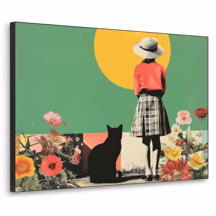 Retro - Meisje - Kat - Zon Textielframe - compleet frame klein -3d
