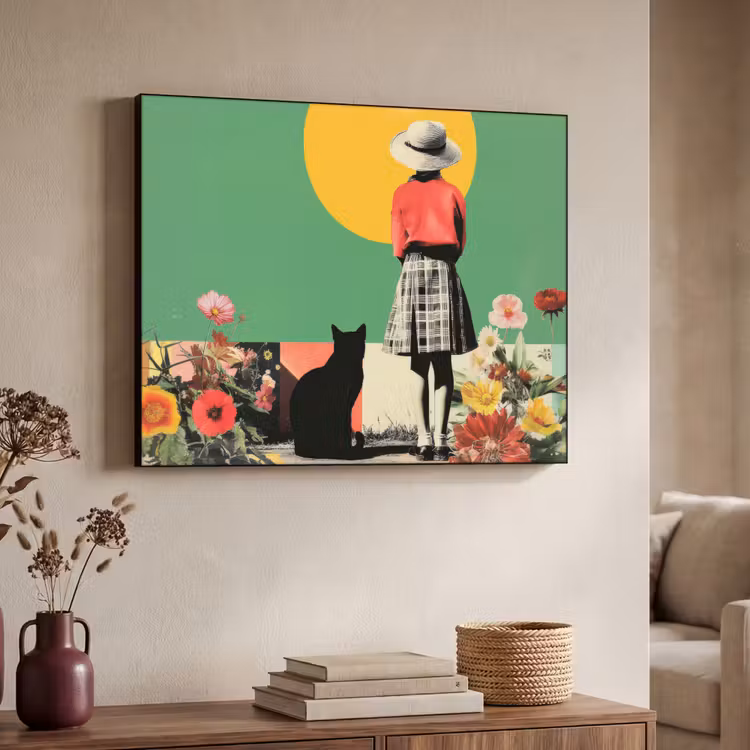Retro - Meisje - Kat - Zon Textielframe - compleet frame klein -sfeer3