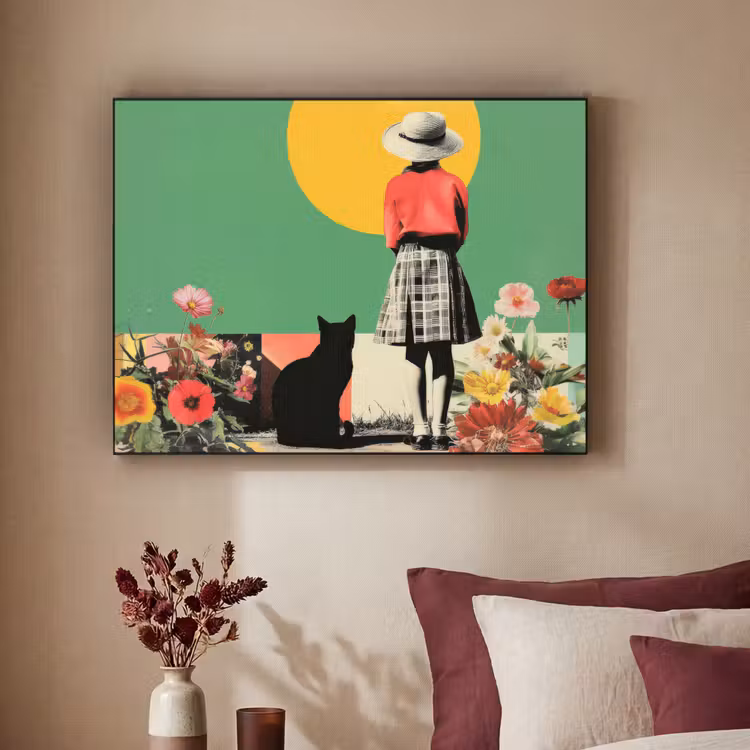 Retro - Meisje - Kat - Zon Textielframe zwart klein -sfeer1