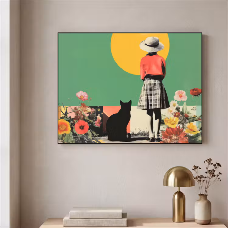 Retro - Meisje - Kat - Zon Textielframe zwart klein -sfeer2