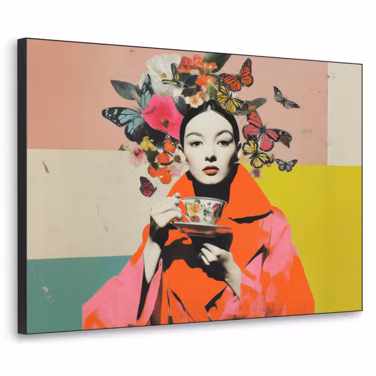 Retro - Vrouw - Kopje - Vlinders Textielframe - compleet frame klein -3d