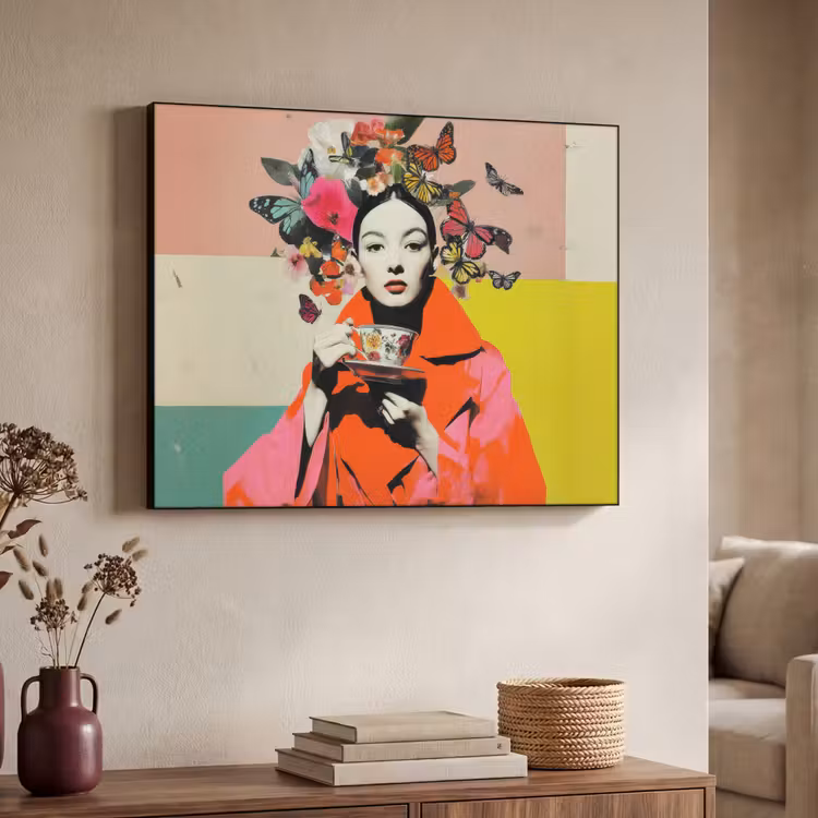 Retro - Vrouw - Kopje - Vlinders Textielframe - compleet frame klein -sfeer3