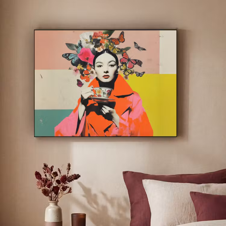 Retro - Vrouw - Kopje - Vlinders Textielframe zwart klein -sfeer1
