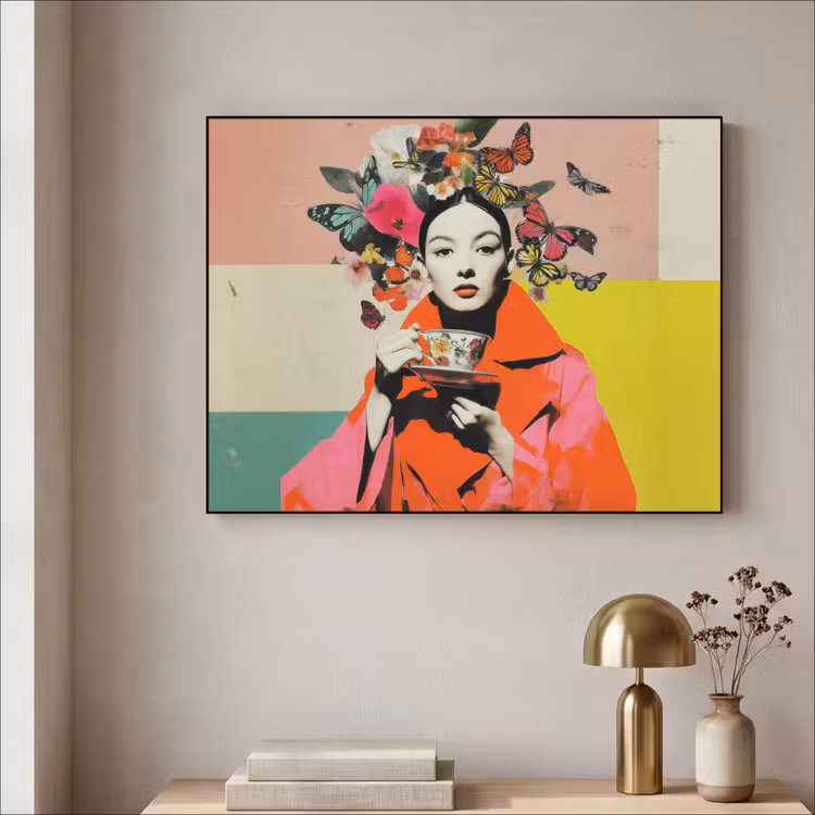 Retro - Vrouw - Kopje - Vlinders Textielframe zwart klein -sfeer2
