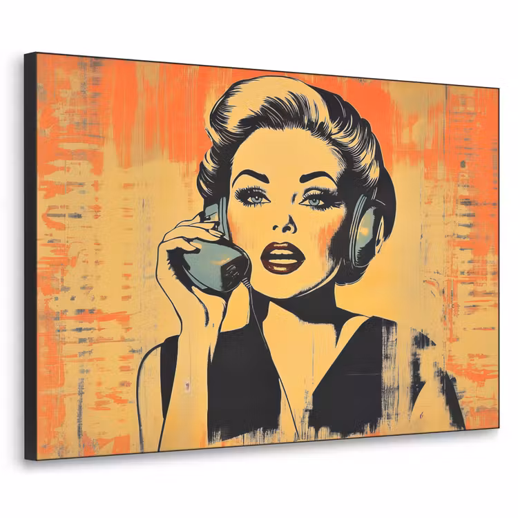 Retro - Vrouw - Koptelefoon - Oranje Textielframe - compleet frame klein -3d