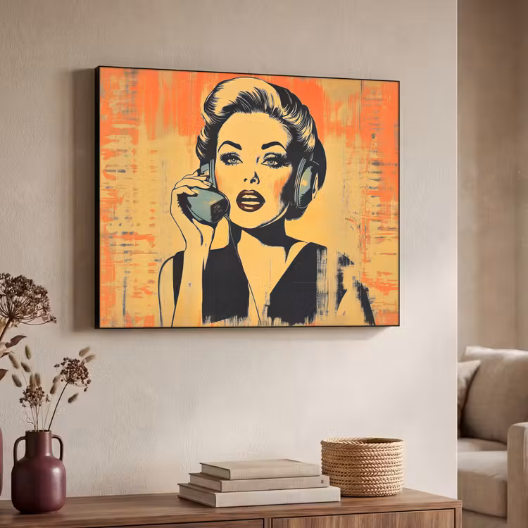 Retro - Vrouw - Koptelefoon - Oranje Textielframe zwart klein -sfeer3