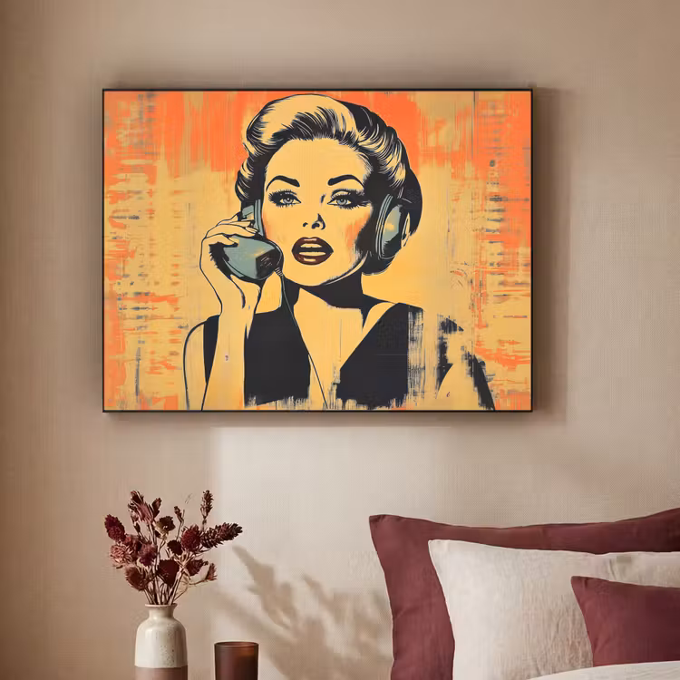 Retro - Vrouw - Koptelefoon - Oranje Textielframe zwart klein -sfeer1