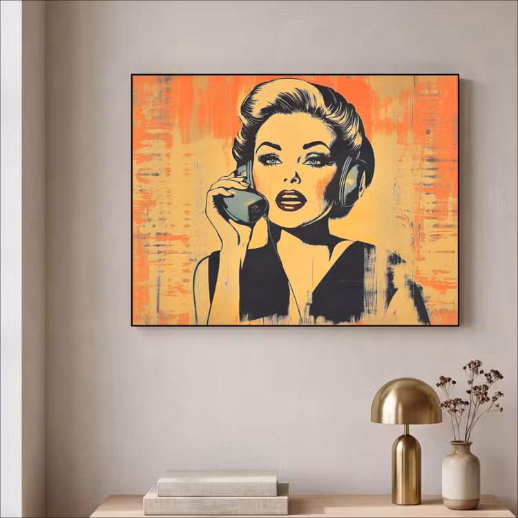 Retro - Vrouw - Koptelefoon - Oranje Textielframe zwart klein -sfeer2