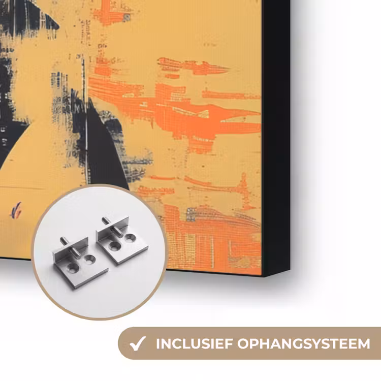 Retro - Vrouw - Koptelefoon - Oranje Textielframe zwart klein -USP_ophangsysteemNL